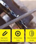 Close-up of Three Sixteenth Inch Chainsaw File Set 12 Pack sharpening a chainsaw chain, highlighting bearing steel material.