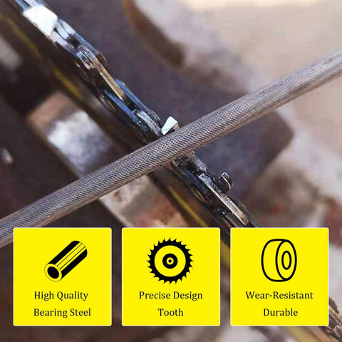 Close-up of Three Sixteenth Inch Chainsaw File Set 12 Pack sharpening a chainsaw chain, highlighting bearing steel material.