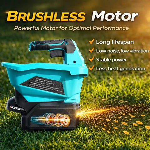 Cordless Electric Fertilizer And Seed Spreader For Lawns No Sweat 3.5Qt Capacity showcased with brushless motor on grass