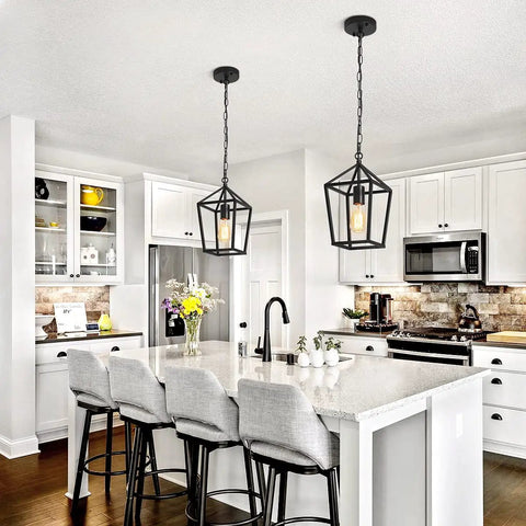 Black 1 Light Pendant Light With Adjustable Chain for kitchen island in modern white kitchen, industrial wire frame style