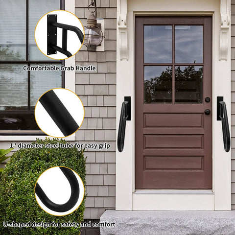 Stainless Steel Wall Mounted Handrail For Indoor Stairs, Fits 1 To 3 Steps; shown on exterior door, matte black finish, 1.3 inch grip.