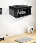 Heavy Duty 4U Wall Mount Server Rack Cabinet Built Tough For Network Switches And IT Gear with clear glass door mounted on wall.