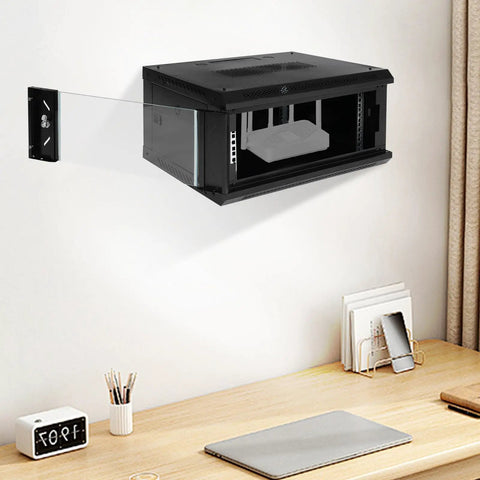 Heavy Duty 4U Wall Mount Server Rack Cabinet Built Tough For Network Switches And IT Gear with clear glass door mounted on wall.
