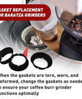 3 Piece Silicone Gasket Replacement Kit For Encore And Virtuoso Conical Burr Coffee Grinders, black ring seals shown