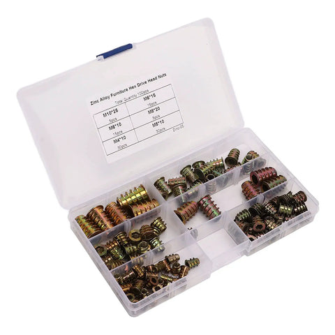 Solid Zinc Alloy Hex Drive Threaded Inserts For Furniture Repair And Assembly That Install Easy With Tool Kit To Tighten Wood Screws Securely Without Stripping Or Breaking in organizer box.
