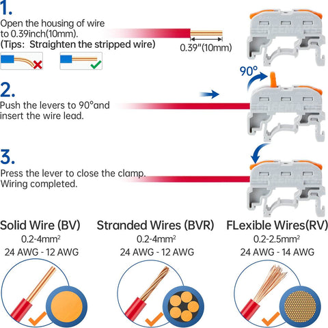 Universal DIN Terminal Block Kit With Lever Wire Connectors KV-121 50 Pcs Pack instructions showing wire insertion and locking mechanism.