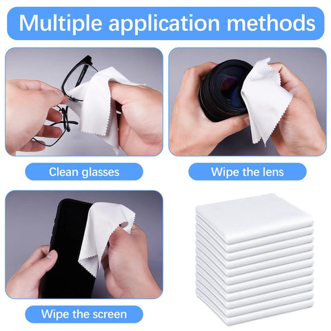 Collage of 120-pack white microfiber cleaning cloths for eyeglasses; used to clean glasses, lenses, screens and devices.