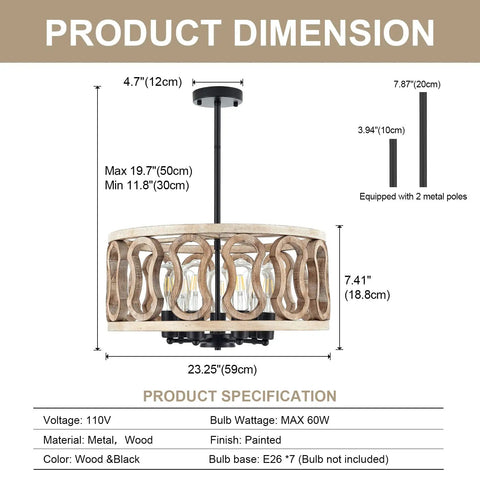 Product dimensions and specifications for 23-Inch 7-Light Rustic Wood Drum Chandelier With Metal Accents, Vintage Farmhouse Pendant Light.