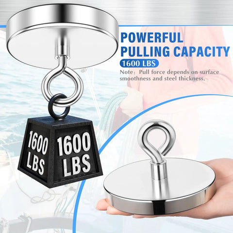 Beast Mode Neodymium Fishing Magnet With Countersunk Hole, 1600 Lbs Pull, 4.72 Inch Diameter shown with weight illustration