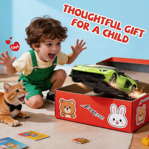 Child excited by Lamborghini Licensed One To Twenty Four Scale Remote Control Car For Boys And Girls Green RC Toy Vehicle.
