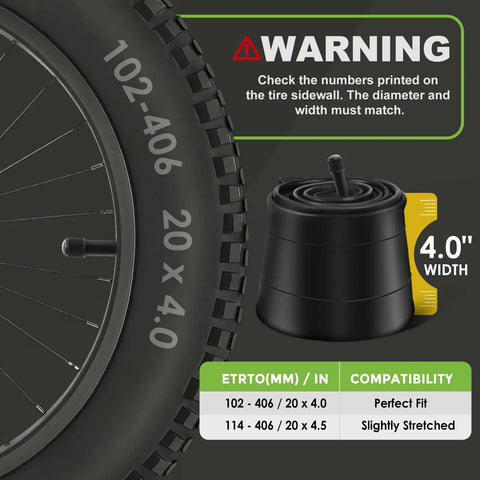 True 4.0 Inch Fat Bike Inner Tube For 20x4 Fat Tires And 20x4.5 Wide Ebikes Durable Butyl Rubber With 32mm Schrader Valve 2 Pack Built For Heavy Duty Ebikes Snow And Beach Rides Built For Tough Trails No Flat Reliability, showing tire compatibility warning and size details.