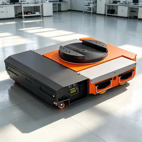 Built Like A Tank Heavy Duty High Capacity Electric Transfer Cart With One Touch Remote Control Featuring Trackless Design For Rugged Workshop Floors Industrial Hauling, showcasing a thick steel deck and swivel top.
