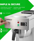 Close-up of 12 Cup Commercial Coffee Maker With Water Line Auto Fill, showing stainless steel body and control panel.
