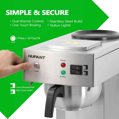 Close-up of 12 Cup Commercial Coffee Maker With Water Line Auto Fill, showing stainless steel body and control panel.