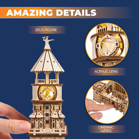 Lighthouse Of Alexandria 3D Puzzle Wooden Model Kit, Totally Epic Historic Wonder Replica, 12.2 Inch Tall Brown Craft, Engaging Mechanical Build For STEM Lovers And History Buffs. wooden lighthouse model with Zeus figure, acrylic lens, opening gates