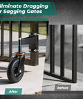 Comparison of gate before and after installing Heavy Duty Gate Wheel 6 Inch Spring Loaded Gate Caster for wood and metal gates.