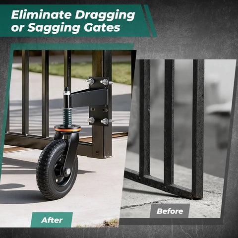 Comparison of gate before and after installing Heavy Duty Gate Wheel 6 Inch Spring Loaded Gate Caster for wood and metal gates.