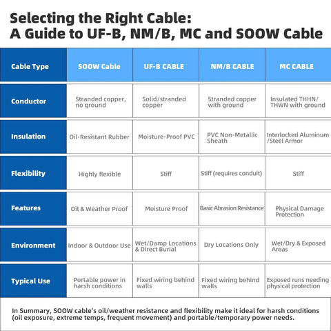 A guide comparing SOOW, UF-B, NM/B, and MC cable types with details on conductor, insulation, flexibility, and typical use.