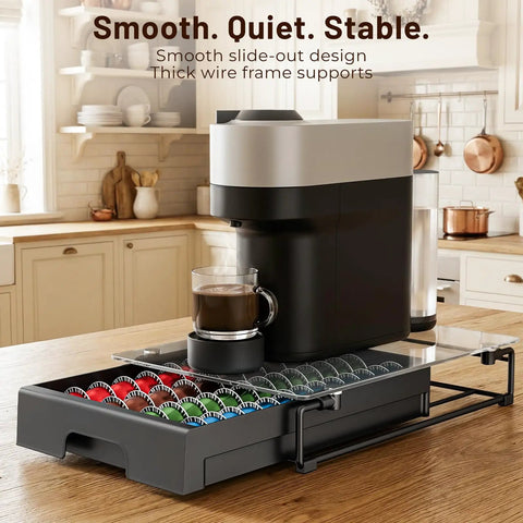 3 Inch Slim Crystal Glass Coffee Capsule Organizer Drawer For Nespresso Vertuo Pods Holds 24 Pods NP06 on kitchen counter