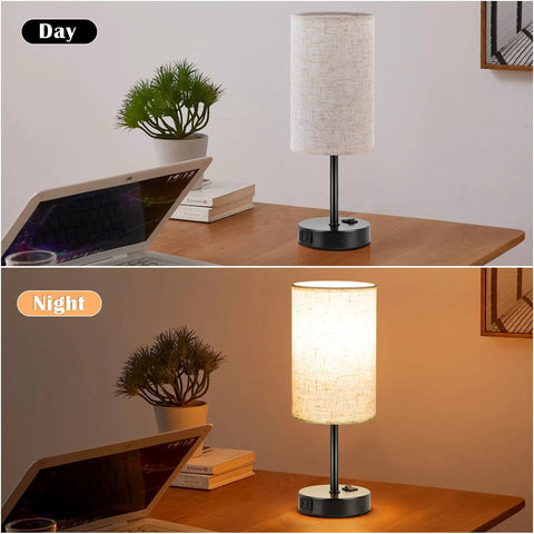 Set Of 2 Bedside Table Lamps For Bedroom And Living Room With 3 Way Dimmable Rocker Switch And Built In AC Outlet Flaxen Fabric Shade Black Base Nightstand And Desk Lamp For Cozy Home Decor, shown in day and night setting on wooden desk