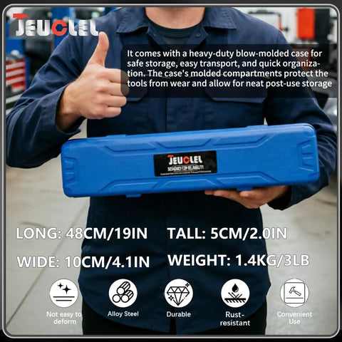 Universal 15 Piece Idler Belt Tensioner Removal Tool Kit blue molded case held by person in blue work uniform