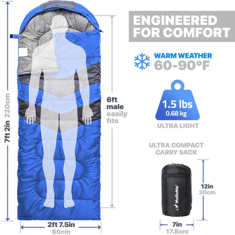 Warm Weather Sleeping Bag For Adults And Kids, Lightweight Backpacking Gear, Summer Camping Essential, 60 To 90 F Rating, Ultra Lightweight At 1.5 Lbs, Fits Up To 6 Feet, Single And Double Options, Great For Hiking And Travel visible with size and weight details.