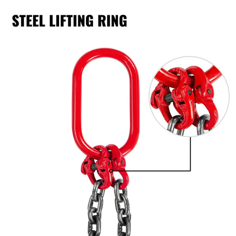 Steel lifting ring for Heavy Duty 3 Eighth Inch By 5 Foot Double Leg Chain Sling With Grab Hooks G80 Manganese Steel Chain Ultra Tough Lifting Slings For Industrial Use 8800 Lb Working Capacity 4 Ton Lift Capacity