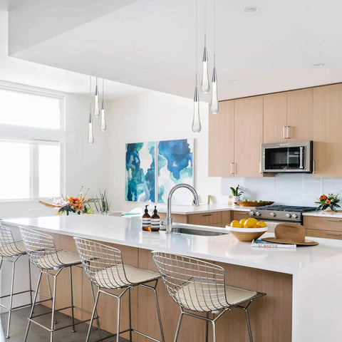Modern kitchen with Crystal Cluster Pendant Lights For Kitchen Island Three Light LED Teardrop Ceiling Hanging Fixtures In Chrome Finish Dope Look