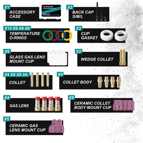 81 Piece TIG Welding Torch Accessories Kit For WP 17 WP 18 WP 26 With Glass Cup Alumina Nozzle Stubby Gas Lens And 12 Piece Set layout