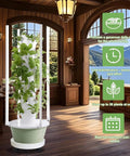 Indoor Hydroponic Growing Kit Tower Garden With Four LED Grow Lights Seven Layer Twenty Eight Pots Planter For Lettuce Herbs Veggies And Fresh Greens At Home in a rustic room with a view.