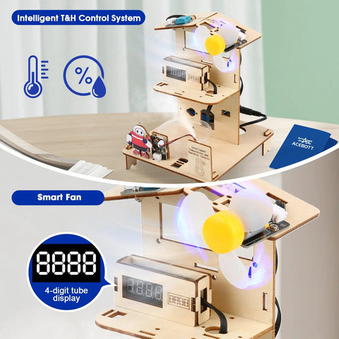Awesome 3 In 1 Smart Home STEM Kit For Kids 8 To 12 With ESP32 Controller Wooden 3D Puzzles And DIY Building Crafts Educational Coding Toys Gift For Christmas And Birthday Boys And Girls. wooden smart fan and temperature humidity control model with 4-digit display