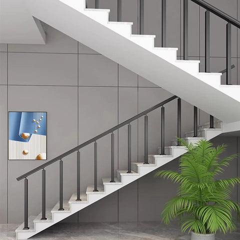 Tough As Nails Heavy Duty Wrought Iron Railing Spindles For Indoor Stairs And Decks, installed black square balusters on modern staircase.