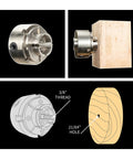 Wood lathe chuck set with nickel-plated, self-centering 4-jaw chuck; includes 1" x 8tpi and 3/4" x 16tpi adapters (front/side views).