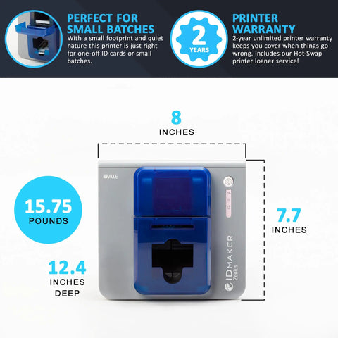 Single Sided Id Card Printer Boasting Quick Full Color Pvc Badge Printing With Smooth Lcd Touchscreen Navigation No Sweat Desktop Layout For Small Teams Crushing Daily Pass Creation Goals, showing dimensions and features.