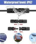 40 Piece Solar Panel Connector Kit With Male And Female Multi Pin PV Connectors IP67 Waterproof 1000V 30A Rating Works With 14 AWG To 10 AWG Cables Includes 2 Wrenches Durable PPO Copper Construction showing connectors and applications.