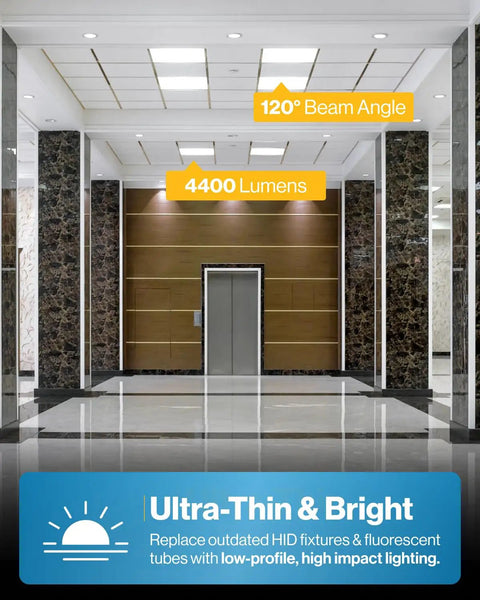 4 Pack 2x2 LED Flat Panel Light 5000K Daylight, 40W Dimmable 0 to 10V illuminating a modern building corridor
