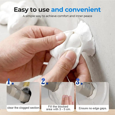 Applying Universal Sealant Clay Waterproof Patching Mud For Wall Holes to fill a drain pipe gap, showing flexible white compound.