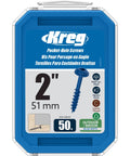 Blue-Kote Pocket-Hole Screws 2-Inch Coarse-Thread Maxi-Loc Flat Head All-Weather Outdoor Ready For Softwood And Plywood Heavy-Duty Woodworking Fasteners 50 Count packaging.