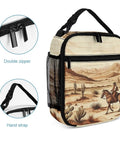 Insulated Lunch Box For Men And Women With West Desert Cactus And Cowboys Riding Horses Design, featuring double zipper and hand strap