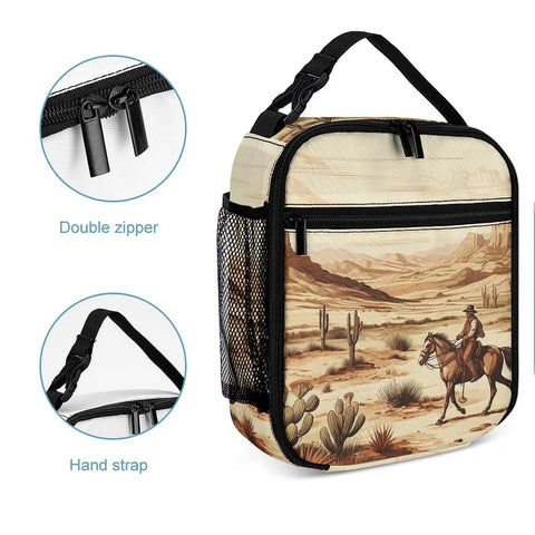 Insulated Lunch Box For Men And Women With West Desert Cactus And Cowboys Riding Horses Design, featuring double zipper and hand strap