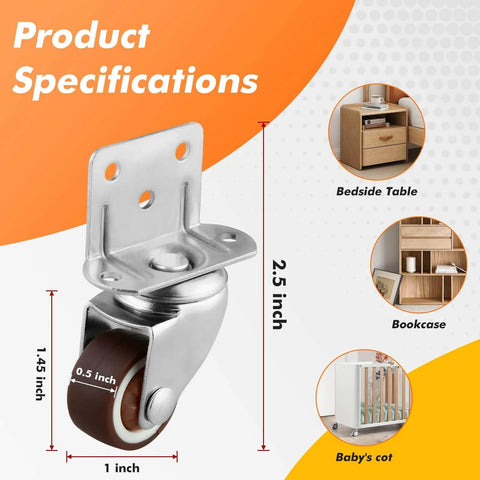 1 Inch Side Mount Casters Set Of 8 L Shaped Rubber Swivel Heavy Duty Double Plate Casters Without Brake Industrial Metal Wheel For Workbench Furniture Cabinet Woodbox Brown Includes 42 Screws For Quick Mounting, showing caster dimensions and applications.