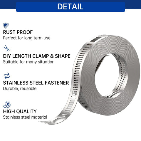 Front view of stainless steel hose clamp strap coil with perforated band.