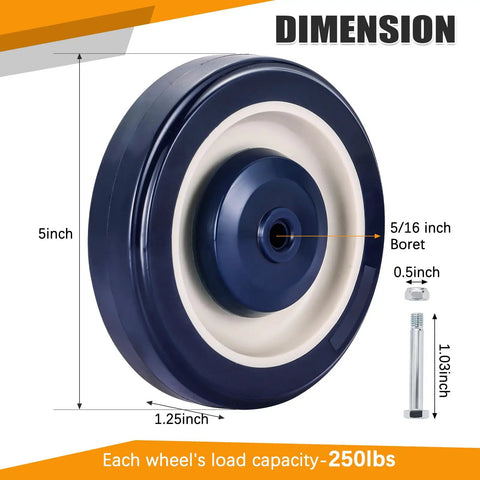 Five inch heavy duty polyurethane shopping cart wheel with 5/16 inch bore mount and load capacity of 250 lbs.
