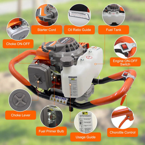 Gas Powered Post Hole Digger Workhorse With 72cc Engine 2 Stroke Auger highlighting engine controls and labels