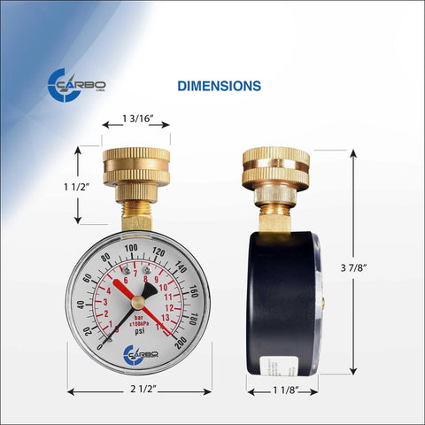 Carbo 2-1/2 in water pressure test gauge, 0-200 psi, brass connector, red max pointer, rust-free case; front view