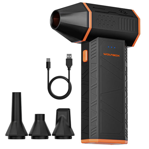 MegaFlow 50 Compressed Air Duster With 110000 RPM Turbo Power 3 Gear Adjustable Mini Blower with nozzles and USB cable displayed