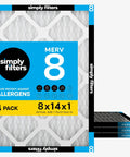 Top Tier 14x14x1 Air Filter MERV 8 MPR 600 Pleated Furnace and AC Filter 4 Pack with allergen protection packaging.