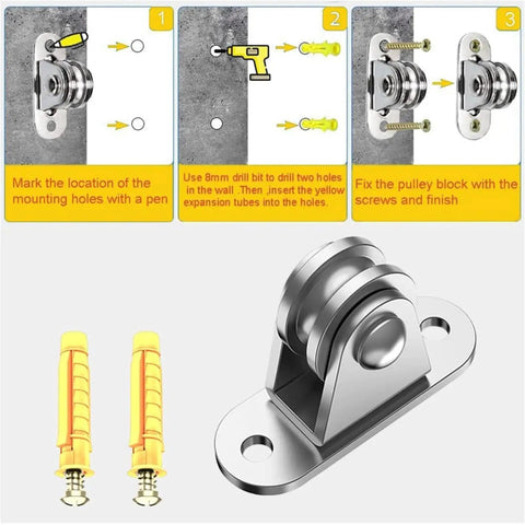 Rock Solid V Groove Gate Wheels 2 Piece Heavy Duty Pulley Block Kit with mounting instructions and tools for easy installation.
