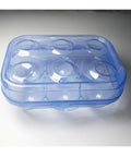 Six Grid Egg Storage Box For Refrigerator And Camping, blue plastic portable egg carrier with smooth lid, holds 6 eggs.