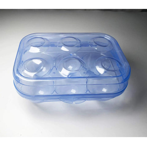 Six Grid Egg Storage Box For Refrigerator And Camping, blue plastic portable egg carrier with smooth lid, holds 6 eggs.